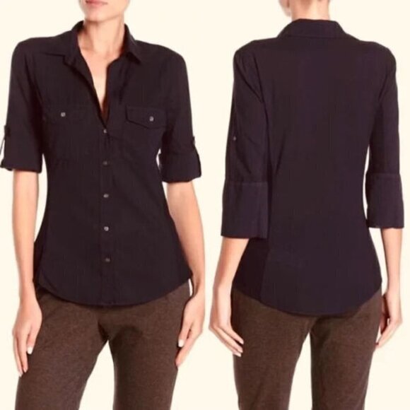 Norma Kamali Contrast Ribbed Button Down Shirt Short Sleeve Black Women's XS - Picture 1 of 6
